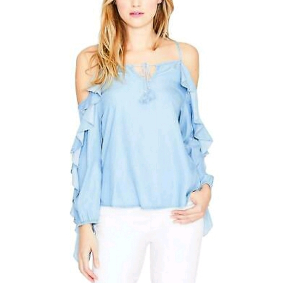 Rachel Roy Light Wash Chambray Cold-Shoulder Top - Picture 1 of 12